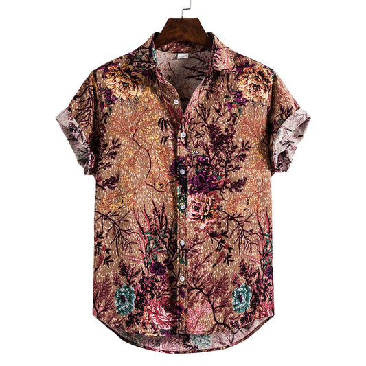 Cotton And Linen Printed Pocket Button-down Shirt