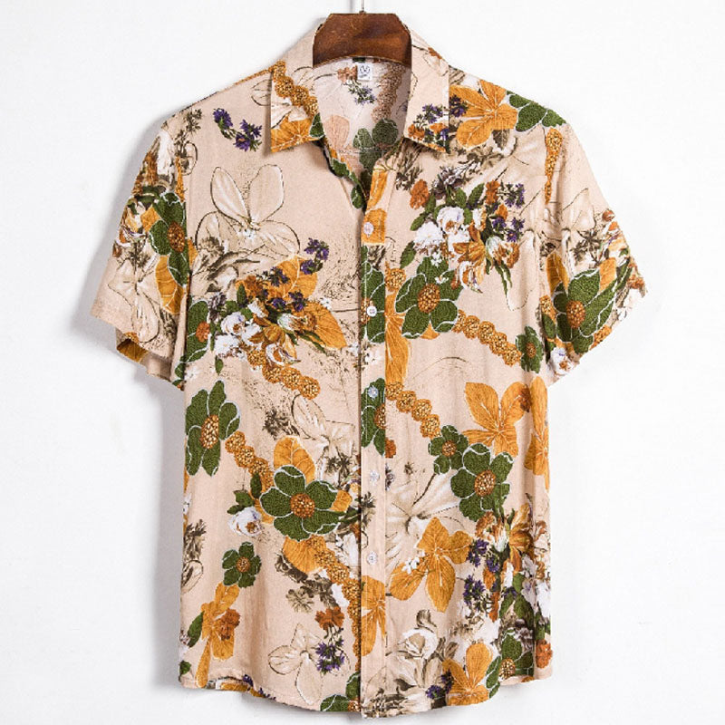 Cotton And Linen Printed Pocket Button-down Shirt