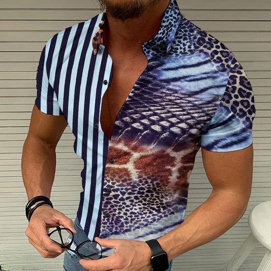 Striped Leopard Contrast Panel Print Short Sleeve Shirt