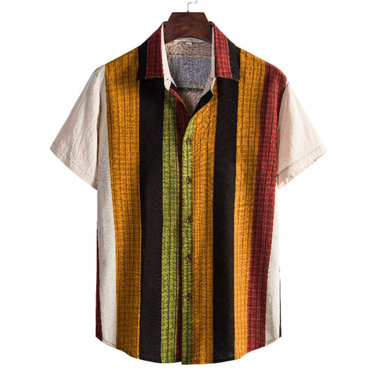 Cotton And Linen Printed Pocket Button-down Shirt