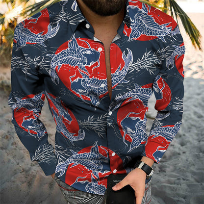 Beach Personality Trend Retro Fish Pattern Casual Vacation Long Sleeve Shirt
