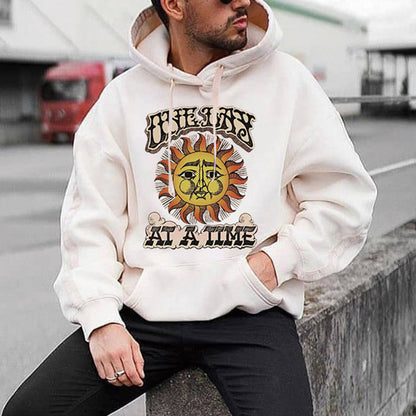 Sun Graphic Print Men's White Oversize Fleece Hoodie