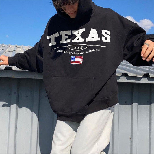 Texas Print Streetwear Men's Fleece Hoodie Black 320g