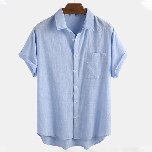 Cotton And Linen Solid Colour Pocket Button Down Shirt