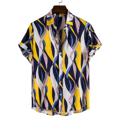 Cotton And Linen Printed Pocket Button-down Shirt