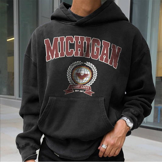 Michigan Graphic Print Men's Fleece Hoodie Black 320g