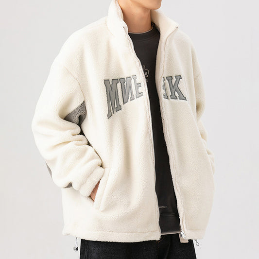 Men's Stitching Embroidery Zipper Up Sherpa Jackets