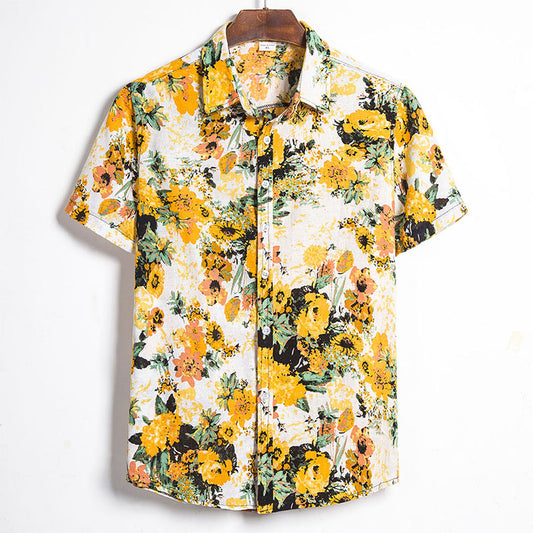 Cotton And Linen Printed Pocket Button-down Shirt