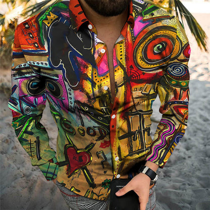 Personality Trend Multicolor Digital Printing Casual Beach Vacation Long Sleeve Shirt