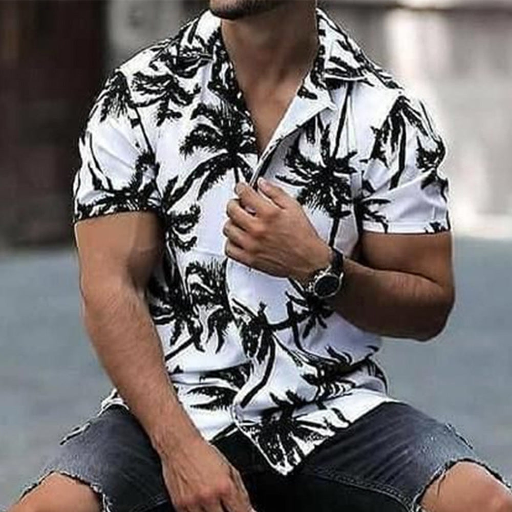 Men's Lapel Loose Coconut Short Sleeve Print Casual Short Sleeve Shirt