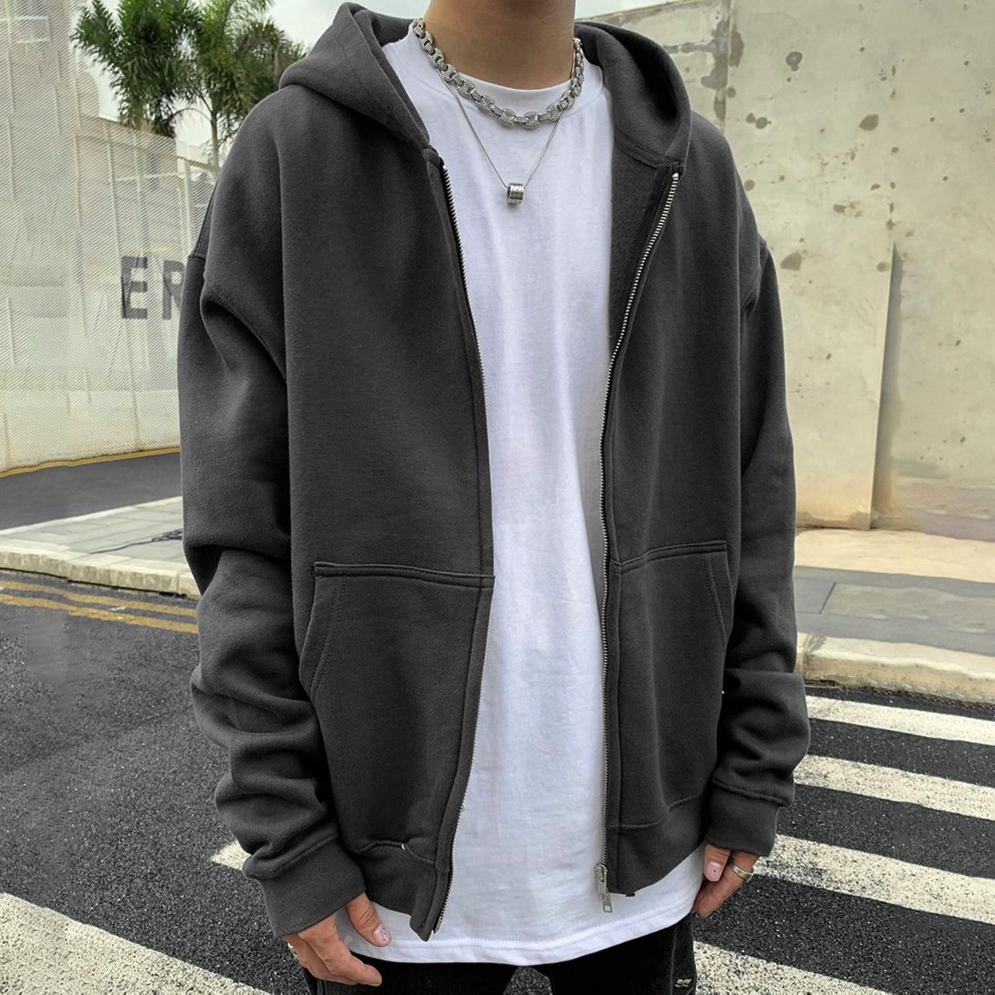 Men's Classic Streetwear Solid Color Zip Up Hoodies 300g