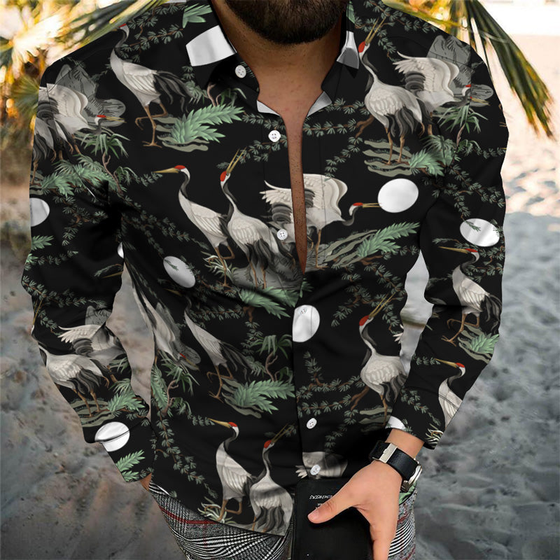 Beach Personality Trend Bird Pattern Casual Holiday Long Sleeve Shirt