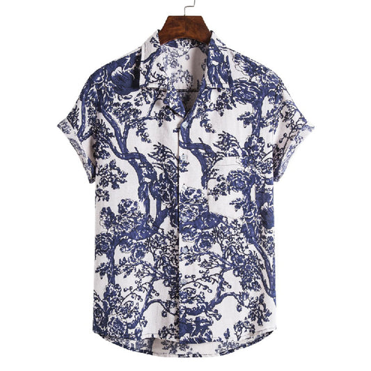 Cotton And Linen Printed Pocket Button-down Shirt