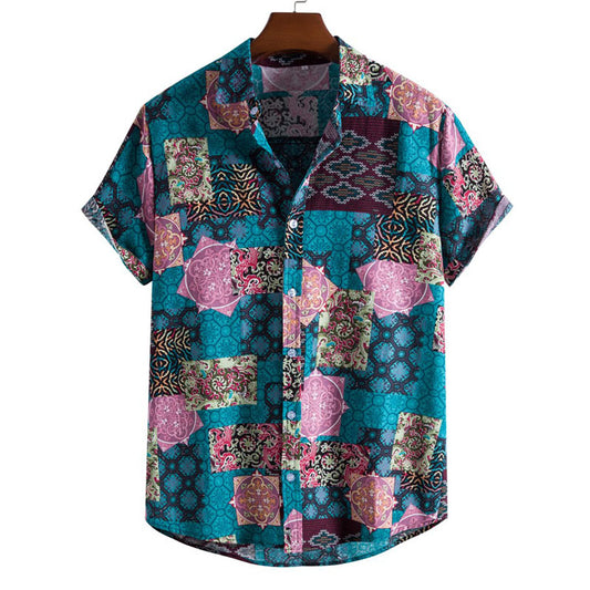 Cotton And Linen Printed Pocket Button-down Shirt