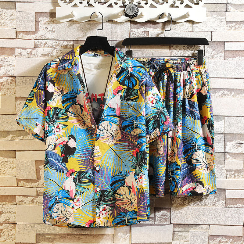 Hawaiian Botanical Bird Print Resort Style Beach Suit