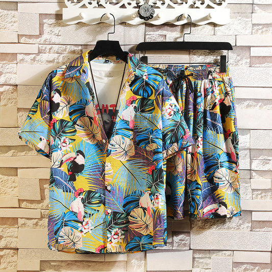 Hawaiian Botanical Bird Print Resort Style Beach Suit