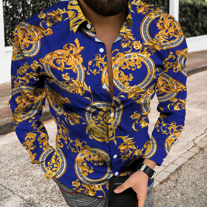 Unique Trend Personality Fashion Blue Print Beach Vacation Long Sleeve Shirt
