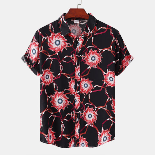 Fashion Print Lapel Button Short Sleeve Shirt