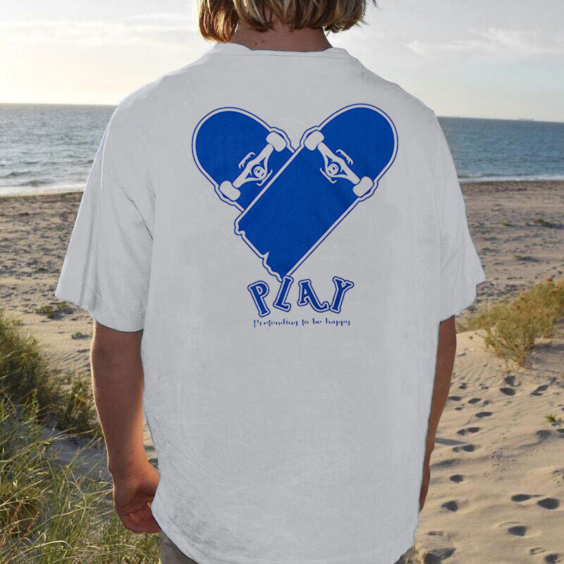 Skateboard and Heart Shaped Leather Texture Print T-Shirt Unisex