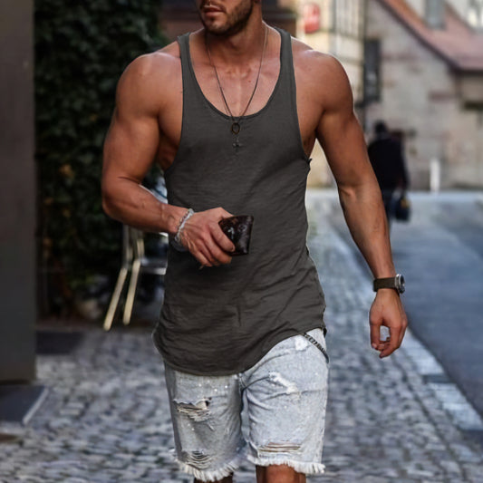 Men's Dark Grey Basic Casual Sleeveless jersey Tank Top-A