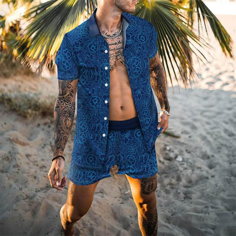 Men's Floral Print Blue Shirt Sets Hawaiian Shirts & Shorts