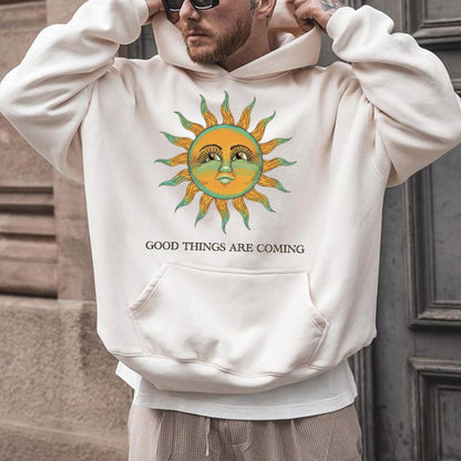 Sun & Letter Graphic Print Men's White Oversize Hoodie