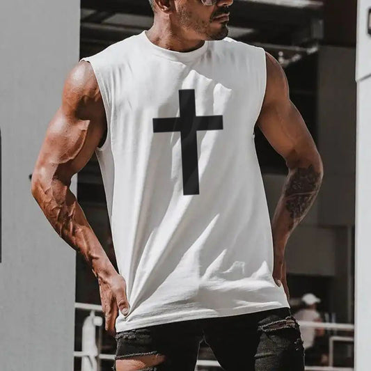 Cross Printed Men's Streetwear Casual Tank Top