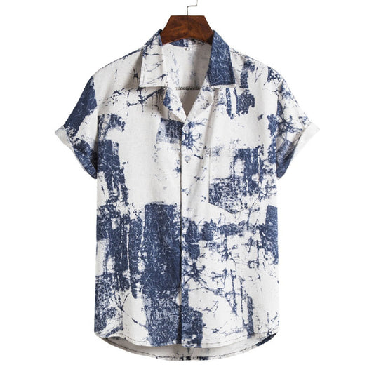 Cotton And Linen Printed Pocket Button-down Shirt