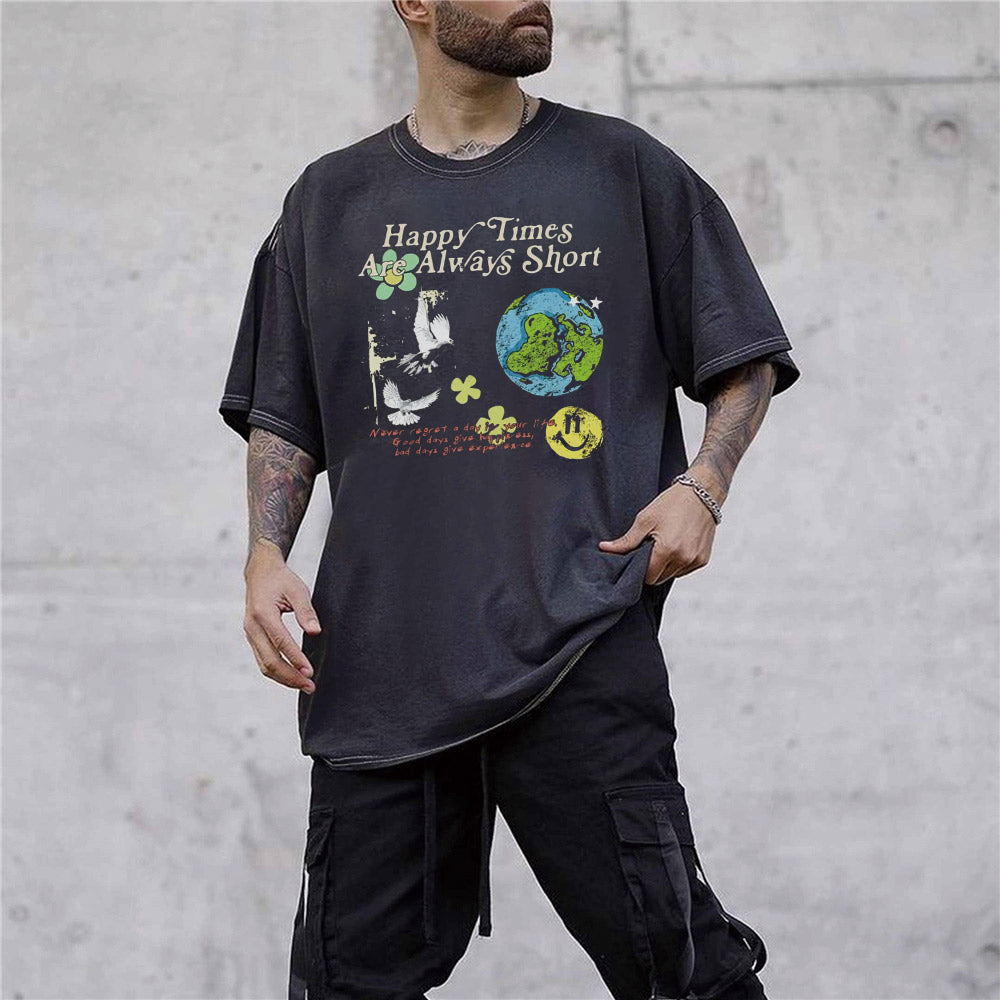 Earth Smiley Graphic Print Casual Loose Men's Short Sleeve T-Shirt