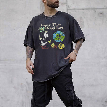 Earth Smiley Graphic Print Casual Loose Men's Short Sleeve T-Shirt