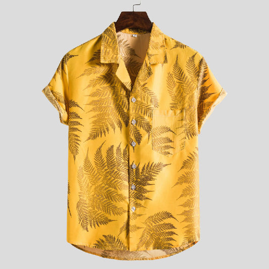 Cotton And Linen Printed Pocket Button-down Shirt