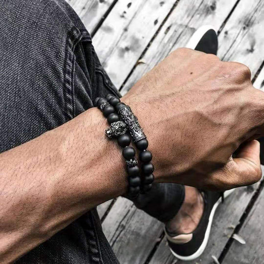 Fashion Men's Black Scrub Lion Head Stretch Bracelet