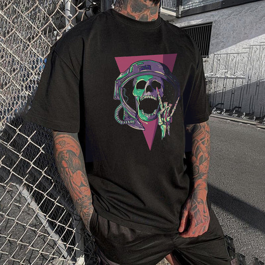 Skull Spaceman Graphic Print Casual Loose Men's T-Shirt