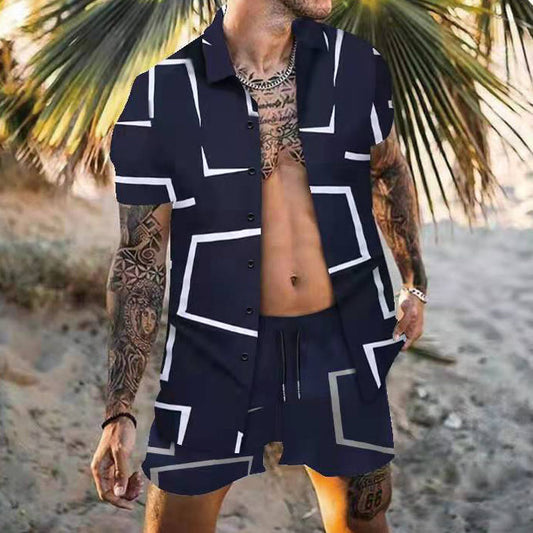 Shorts Loose Short Sleeve Shirt Geometric Print Beach Casual Resort Suit