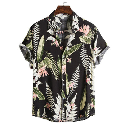 Cotton And Linen Printed Pocket Button-down Shirt