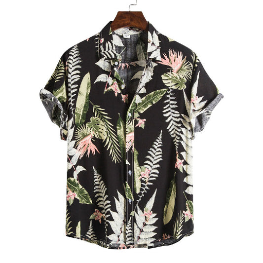 Cotton And Linen Printed Pocket Button-down Shirt