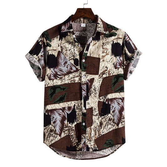 Cotton And Linen Printed Pocket Button-down Shirt