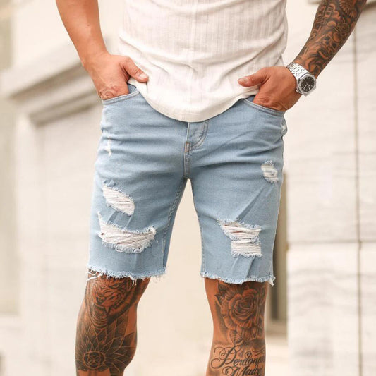 Casual Personality Denim Ripped Shorts Men's Five-point Pants