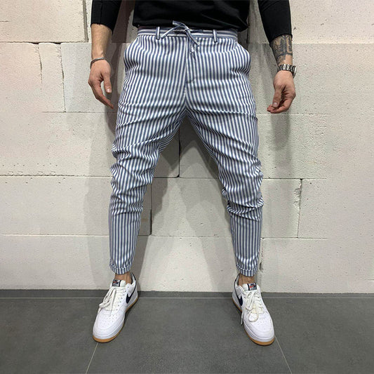 Small footed casual trousers lace up striped trousers