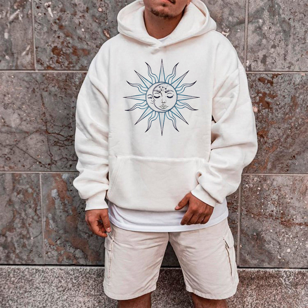 Sun & Moon Graphic Print Men's White Fleece Hoodie 320g