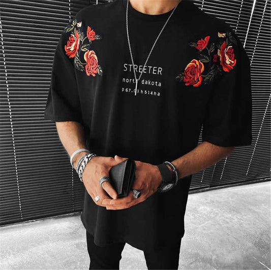 Men Black Floral Print Letter Short Sleeve T-Shirt