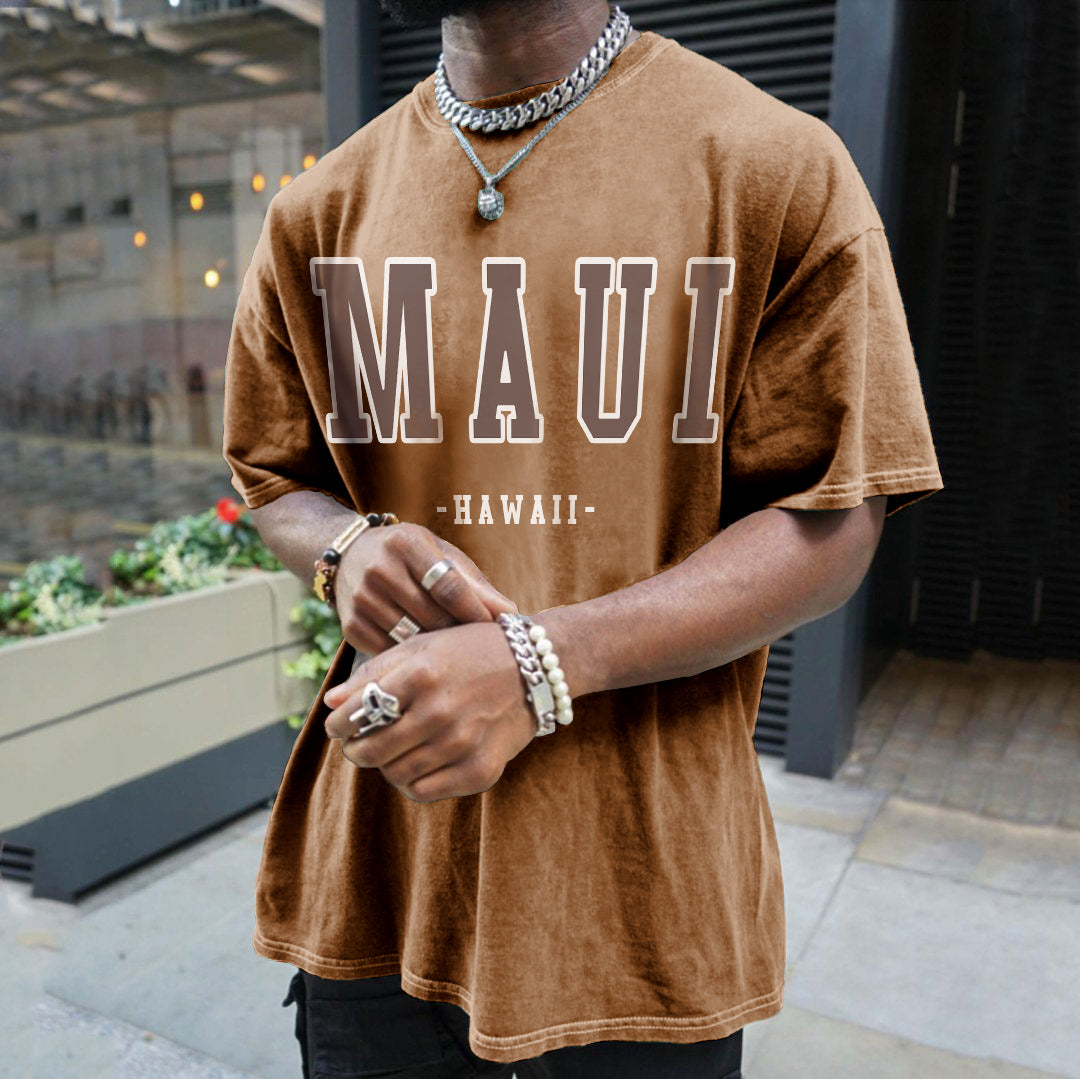 "MAUI" Print Men's Retro Loose Fit T-Shirts