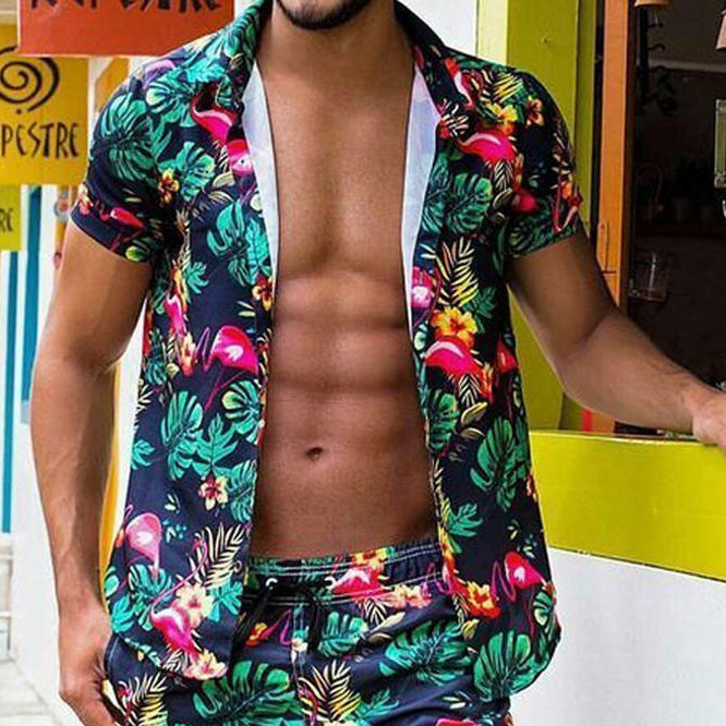 Trendy Street Animal Plant Size Shirt Shorts Casual Vacation Hawaii Two-Piece Set