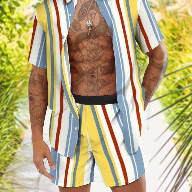 Fashion Personality Trend Stripe Print Hawaiian Vacation Two-Piece Set