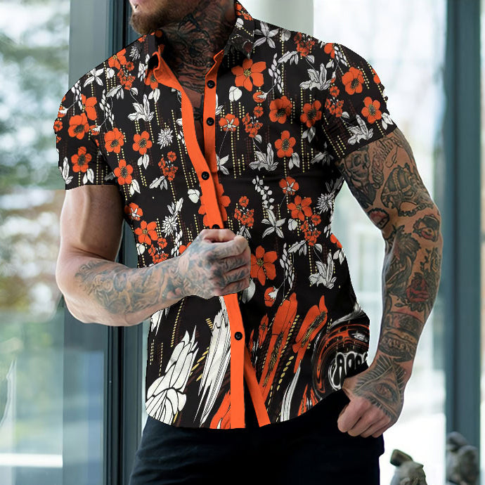 Floral Print Contrast Panel Casual Short Sleeve Shirt