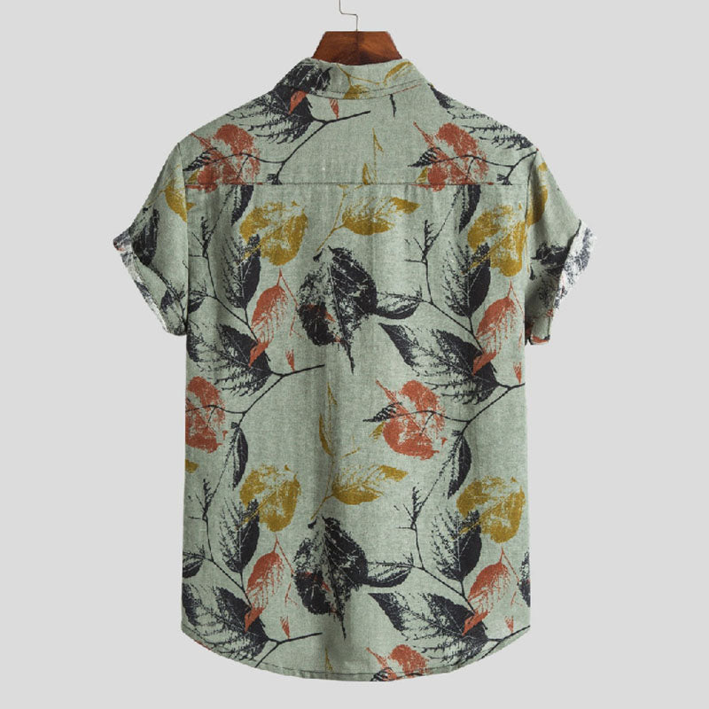 Cotton And Linen Printed Pocket Button-down Shirt