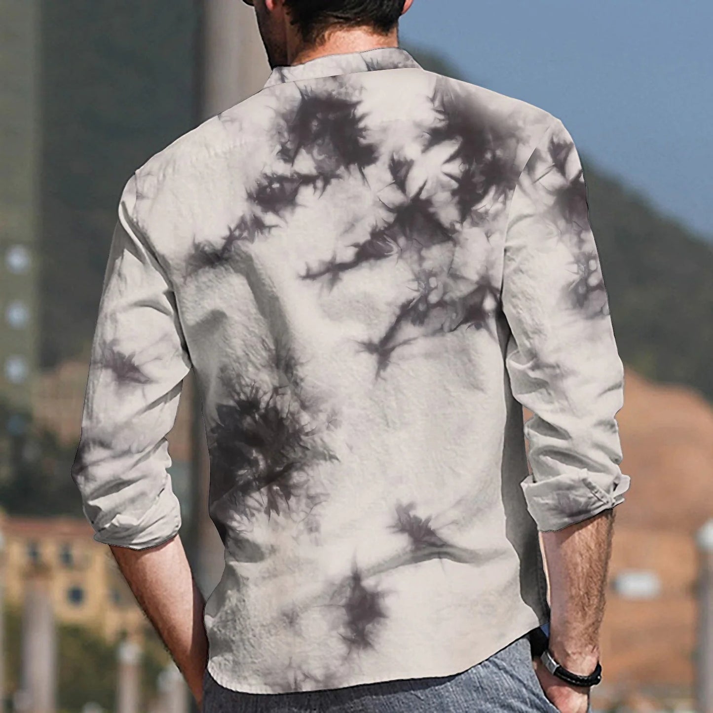 Men's Loose Lapel Cotton Linen Print Loose Long Sleeve Casual Shirt