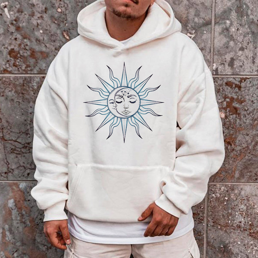 Sun & Moon Graphic Print Men's White Fleece Hoodie 320g