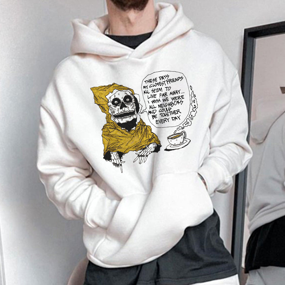 Skull Print Men's White Fleece Hoodie 320g