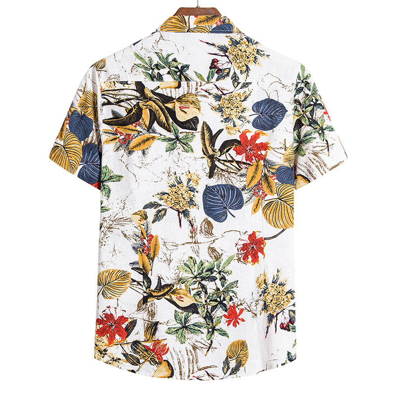 Cotton And Linen Printed Pocket Button-down Shirt
